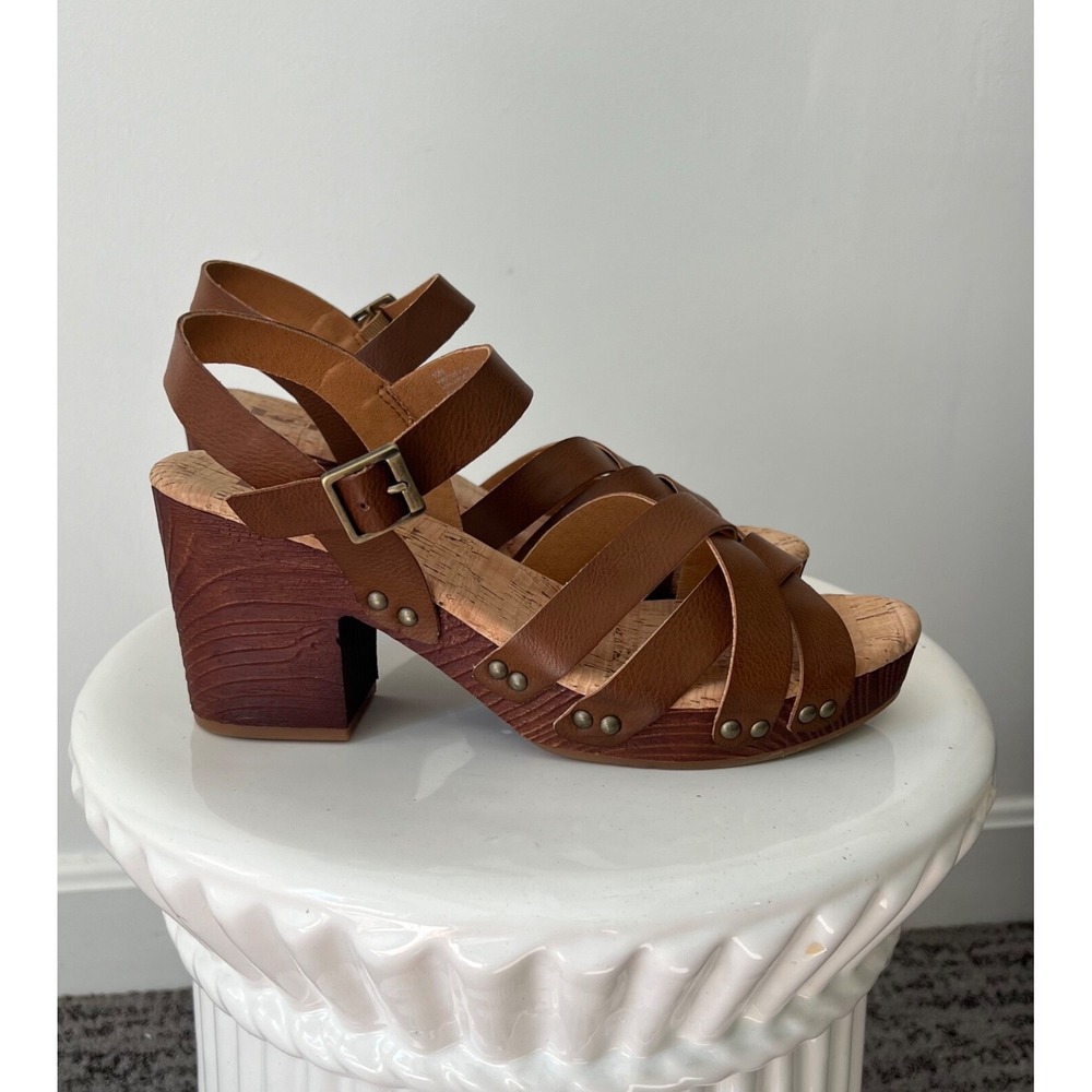 Korks Brown Strappy Faux Wood Block Heel Platform Sandals‎ with Cork Footbed